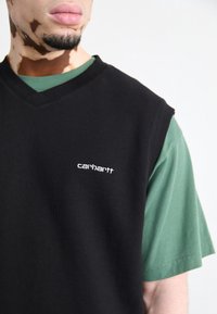 Maglione nero senza maniche con scollo a V, indossato sopra una camicia verde a maniche corte. Piccolo logo bianco "Carhartt" sul davanti.