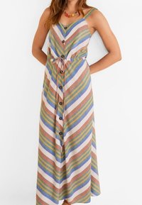 Robe maxi rayée avec un décolleté en V, fermeture à bouton sur le devant et bretelles ajustables. Les couleurs incluent le marron, le bleu, le vert et le blanc dans des motifs diagonaux.