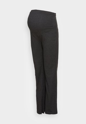 Pantalon de maternité côtelé gris foncé avec une ceinture élastique conçue pour s'adapter à un ventre de femme enceinte, présenté sur un fond uni.