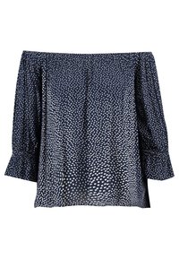 Marinblus utan axlar med vita prickar och trekvartslånga ärmar som avslutas med volangärmar.