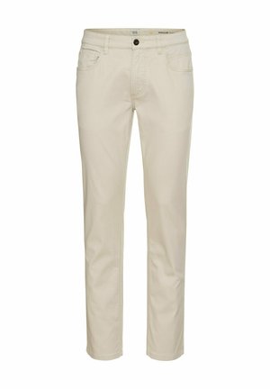 Beige katoenen chino's met rechte pijpen, frontzakken en een knoopsluiting. Soepele textuur en minimalistisch ontwerp.