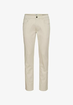 Beige Baumwoll-Chinos mit geradem Bein, Vordertaschen und Knopfverschluss. Glatte Textur und minimalistisches Design.