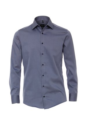 Lange mouwen, getailleerd overhemd in effen, gedempte blauwe kleur met knoopmanchetten en zwarte knopen aan de voorkant, voorzien van een klassieke kraag.