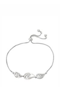 Bracciale regolabile in argento con tre ciondoli a forma di onda collegati, decorati con piccoli cristalli trasparenti incastonati.