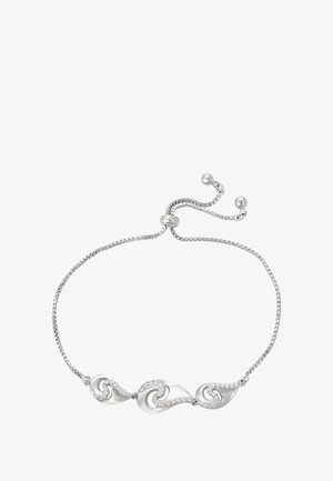 Bracciale regolabile in argento con tre ciondoli a forma di onda collegati, decorati con piccoli cristalli trasparenti incastonati.