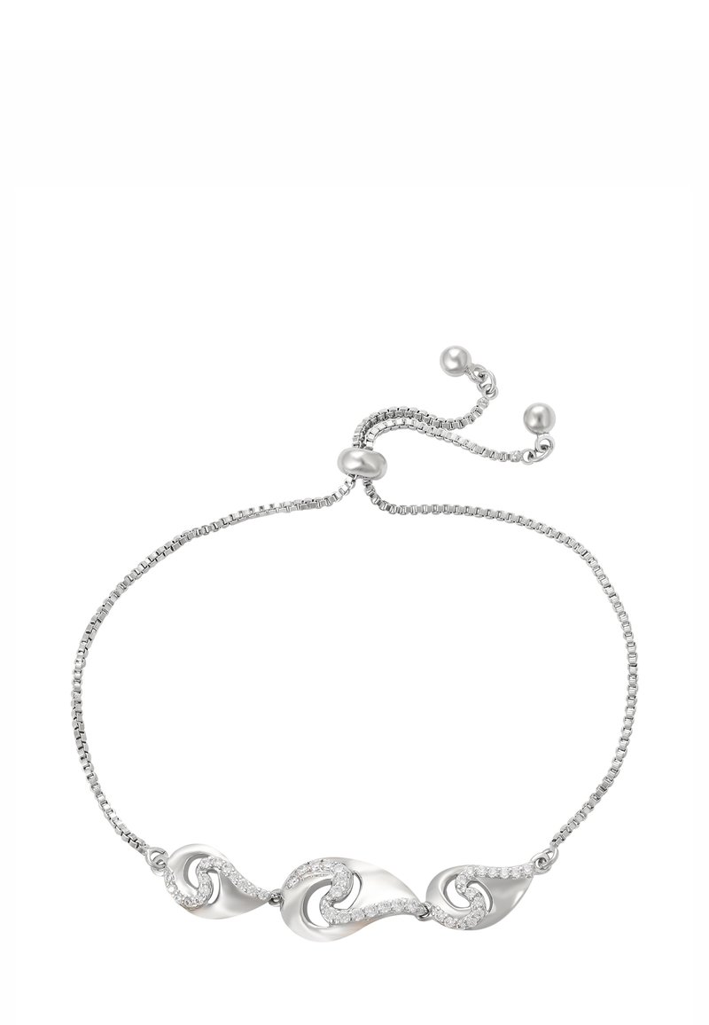 Bracciale regolabile in argento con tre ciondoli a forma di onda collegati, decorati con piccoli cristalli trasparenti incastonati.