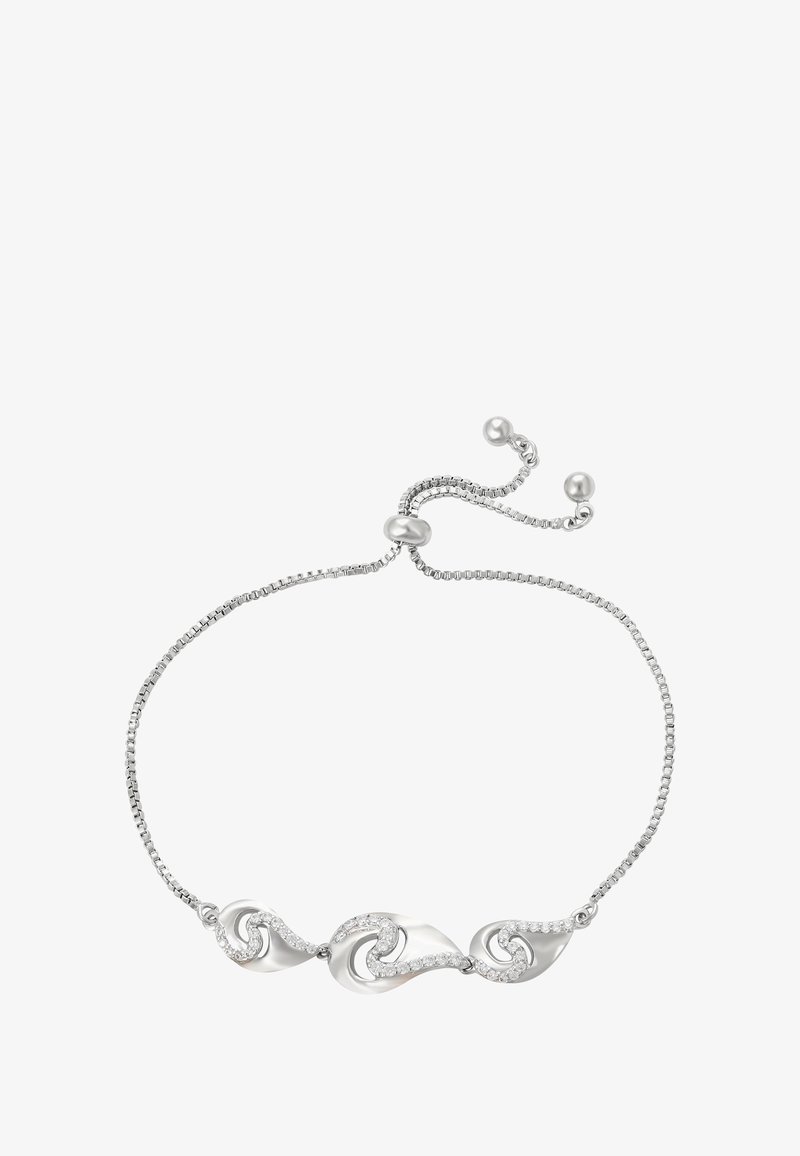 Bracciale regolabile in argento con tre ciondoli a forma di onda collegati, decorati con piccoli cristalli trasparenti incastonati.