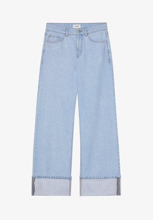 Lyseblå vidbukser i falmet denim. Har knappelukking, beltehemper og oppbrettede cuffs med en kontrastfarge på den indre stoffet.