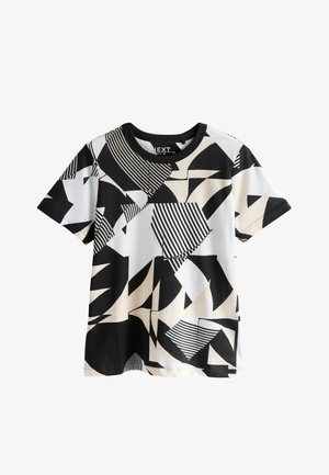 Kurzärmeliges schwarz-weißes T-Shirt mit abstrakten geometrischen Formen und gestreiften Mustern, Rundhalsausschnitt.