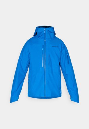 Blaue wasserdichte Jacke mit Kapuze, zwei mit Reißverschluss verschließbaren Fronttaschen, verstellbaren Bündchen und einem Logo auf der linken Brust.