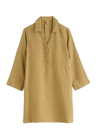 Leinen-Tunika in Senfgelb mit Kragen, Knopfleiste und Dreiviertelärmeln; verfügt über eine lockere Passform und gestickte Details.