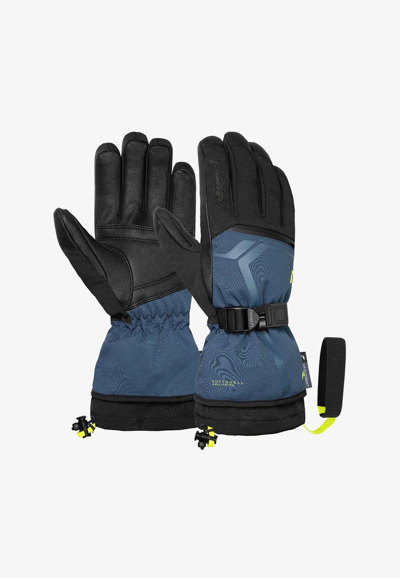 Zwarte en marineblauwe waterdichte handschoenen met geprofileerde handpalmen, elastische manchetten, verstelbare riempjes en een softshell-lichaam. Kenmerken een gemêleerd ontwerp.