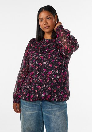 Zizzi, GEBLÜMTE BLUSE AUS CHIFFON MIT TRANSPARENTEN ÄRMELN - Μπλούζα - schwarz