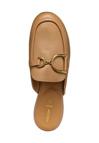 Tan leather slip-on shoe with a rounded toe, gold buckle accent, and a cushioned tan insole featuring the GEOX logo.