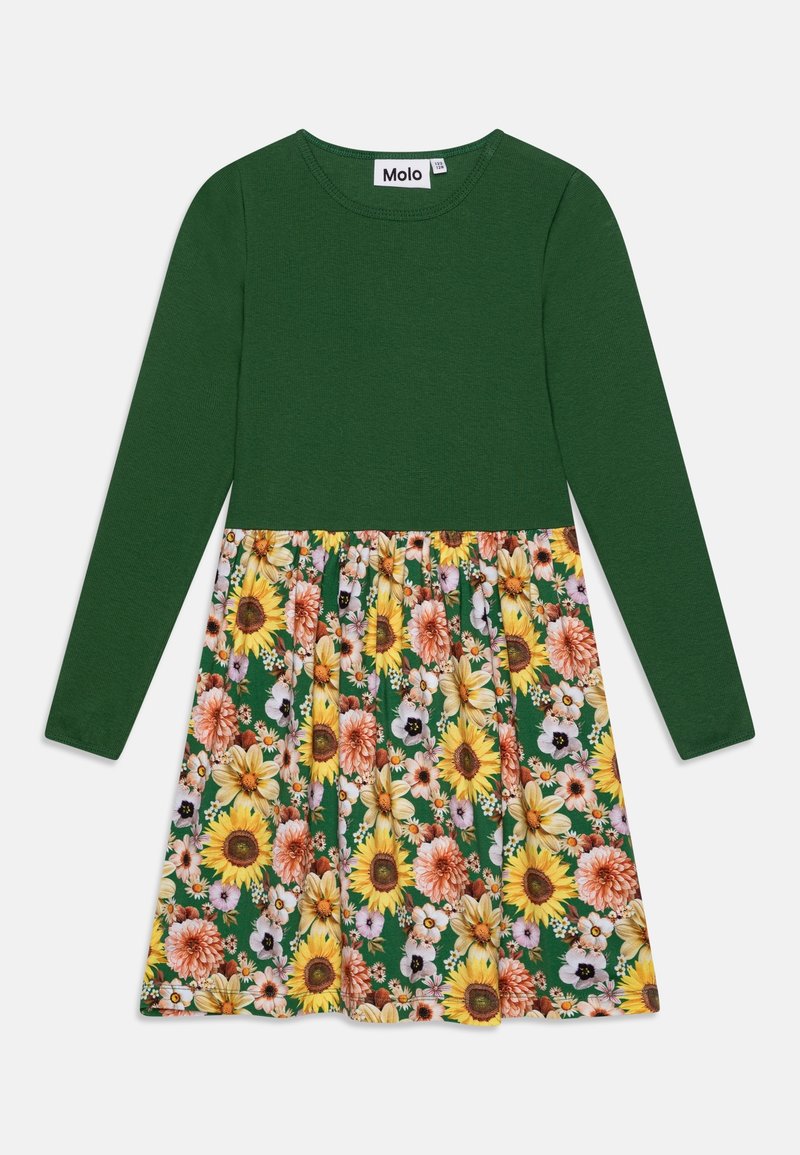 Robe verte à manches longues avec un col rond et une jupe arborant un motif floral coloré avec des tournesols et d'autres fleurs.
