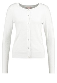 Valkoinen neuletakki, jossa on pitkät hihat, pyöreä pääntie ja pilkkukuosi. Edessä kirkkaat napit sekä resorit helmassa ja hihoissa.