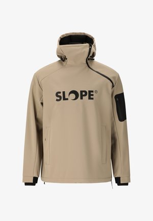 Beige wasserfeste Jacke mit hohem Kragen und schwarzen Akzenten. Verfügt über ein Logo auf der Vorderseite, Reißverschlusstaschen und eine Kordelzugkapuze.