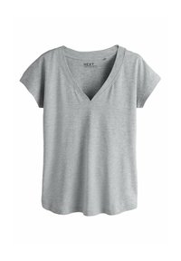 Lühikeste varrukatega hall V-kaelusega T-särk, valmistatud pehmest kangast, pakub mugavat lõiget ja sileda tekstuuriga. Minimalistlik disain ilma mustriteta.