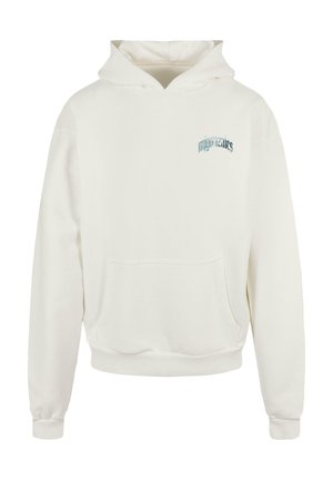 Krémová mikina s kapucňou vyrobená z mäkkého materiálu, s prednou vreckom a malým modrým grafickým textom na ľavej strane hrudníka.