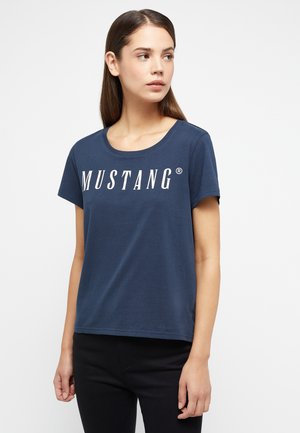 Navy blue cotton t-shirt with short sleeves, featuring a white "MUSTANG" logo printed on the front and a round neckline.