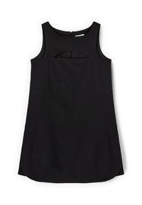 Un vestido negro sin mangas hecho de una tela suave, con un detalle recortado en la parte trasera, con un escote redondeado y un dobladillo recto.