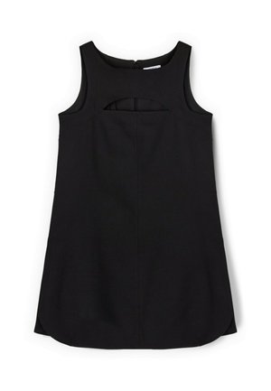 Schwarzes ärmelloses Kleid aus glattem Stoff, mit einem Ausschnitt auf der Rückseite, einem runden Ausschnitt und geradem Saum.
