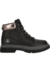 Black leather ankle boot featuring metallic accents, textured laces, and a rugged sole with light gray stripes. Includes a logo detail.