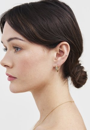 Tumejuustega naine, kellel on madalas kuklas kuldse lillemustriga rõngaskõrvarõngas ja väike naaskelkõrvarõngas kõrvus, ning õrn kuldkett kaelas.