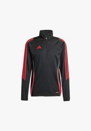 Schwarzes sportliches Langarmshirt mit roten und weißen Akzenten, einem halben Reißverschlusskragen und drei vertikalen roten Streifen an jedem Ärmel. Logo angezeigt.