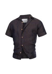Camisa de lino azul oscuro de manga corta con cuello, con botones de madera, una textura sutil y un logo en el lado izquierdo.