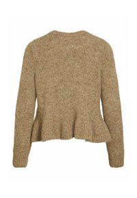 Pull marron en maille à manches longues avec un col rond et un ourlet froncé à la taille, vu de dos.
