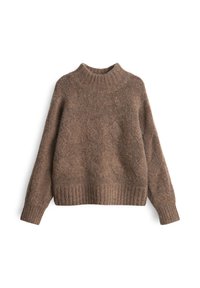 Maglione marrone a maglia con collo alto, maniche lunghe e orlo a coste. Realizzato in un filato morbido e testurizzato.