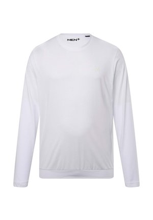 Camisa blanca de manga larga hecha de un tejido suave, con cuello redondo, puños acanalados y un discreto detalle del logo en el pecho.