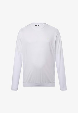 Weißes Langarmhemd aus weicher Stoffqualität, mit rundem Halsausschnitt, gerippten Bündchen und dezentem Logo-Detail auf der Brust.