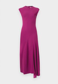 Abito midi senza maniche in magenta, asimmetrico, con scollo alto e un delicato motivo a stelle cucito sul petto, dettaglio della gonna fluente su un lato.