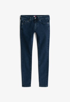 Jeans blu scuro in denim, con vestibilità slim, design a cinque tasche e chiusura con bottone argentato in vita.