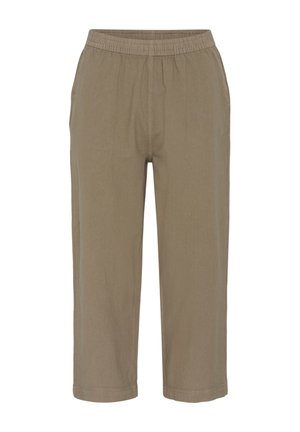 Pantalon marron droit avec taille élastique et poches latérales, longueur raccourcie, en tissu léger.