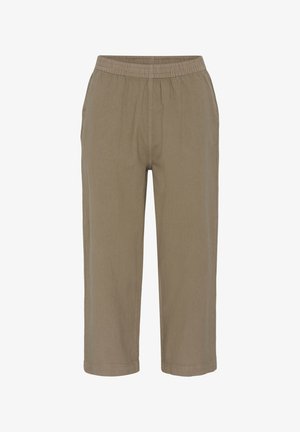 Pantalon marron droit avec taille élastique et poches latérales, longueur raccourcie, en tissu léger.