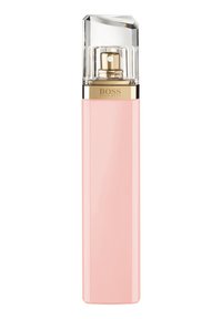 Bouteille de parfum Hugo Boss, forme rectangulaire haute, corps en plastique rose brillant, capuchon angulaire transparent, accent de marque doré.