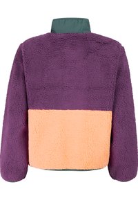 Tweekleurig fleecejack met paarse bovenkant en mouwen, perzikkleurig paneel aan de onderrug en een groene opstaande kraag, gezien vanaf de achterkant.