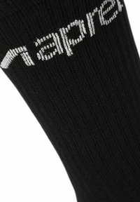Schwarze gerippte Socke mit weißem Logo-Text. Die Socke hat eine dehnbare Textur und einen engen Sitz, der für Komfort und Langlebigkeit sorgt.