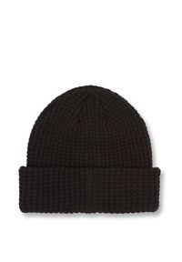 Berretto di lana nera lavorato a maglia con una texture a coste e un risvolto piegato. Presenta una vestibilità aderente e una finitura liscia. Ideale per calore e comfort.