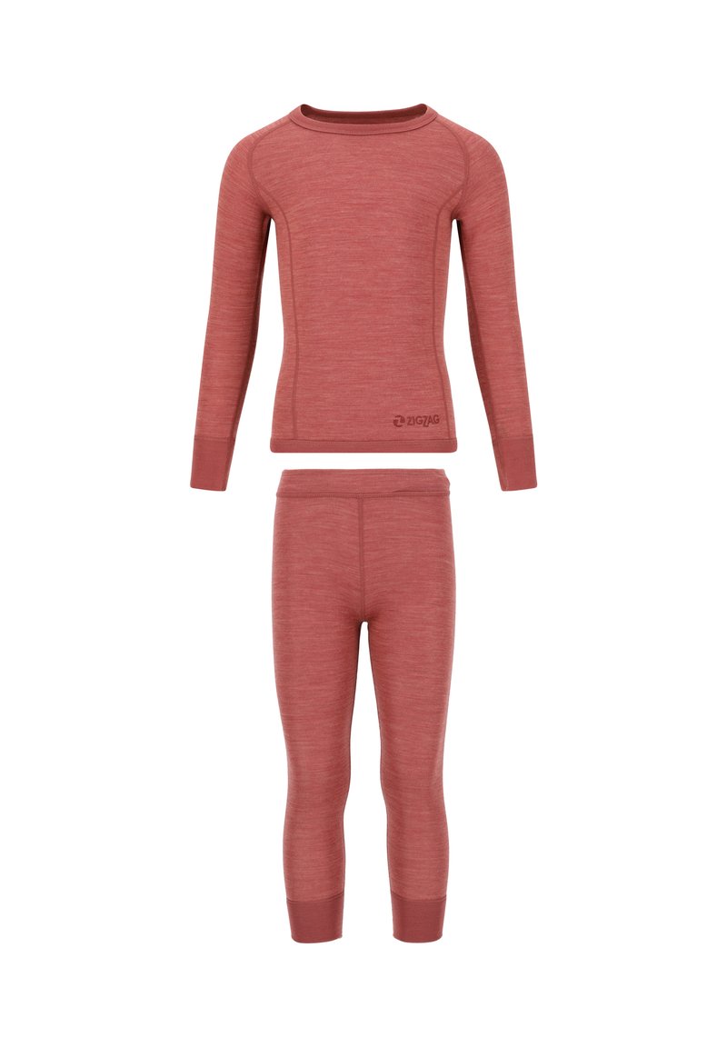 Roter Thermoset bestehend aus einem Langarmoberteil und einer figurbetonten Hose. Hergestellt aus weichem, strukturiertem Material mit kontrastierenden Nähten und einem Logodetail.