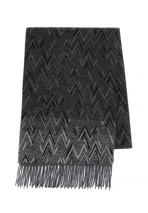 Black and gray chevron-patterned scarf with a soft texture, featuring fringe edges and a rectangular shape.