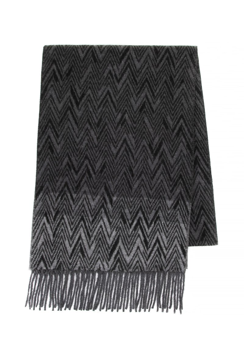 Sciarpa con motivo a chevron in nero e grigio, con una texture morbida, caratterizzata da bordi frangiati e forma rettangolare.