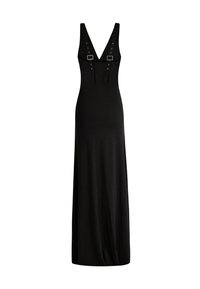Schwarzes Maxikleid mit tiefem V-Ausschnitt, verstellbaren Schnallenriemen und figurbetonter Silhouette. Glatte Textur mit fließendem Saum.