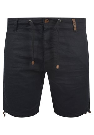 Shorts en coton noirs avec taille à cordon de serrage, fermeture à bouton et détail accentué à l'ourlet. Présente une texture lisse et une coupe décontractée.