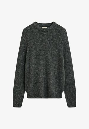 Dunkelgrauer, gestrickter Wollpullover mit langen Ärmeln und gerippten Bündchen, Kragen und Saum.