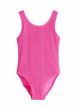 Roza enodelna kopalna obleka z teksturiranim, rebrastim dizajnom, ki ima okrogel izrez in široke naramnice. Preprost kroj z visokimi izrezi na nogah.