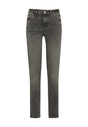 Jeans in denim grigio con una vestibilità slim, design a cinque tasche, leggero sbiadimento e chiusura con bottone in metallo in vita.